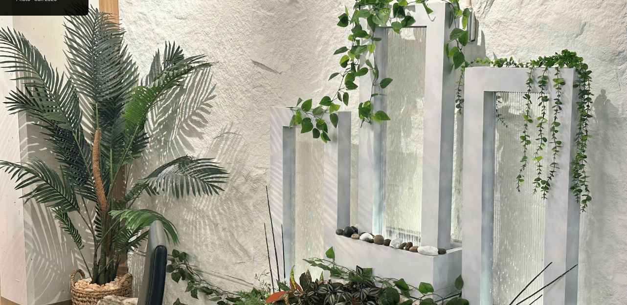 Plaster water feature and greenery inside Mr. Kaaké